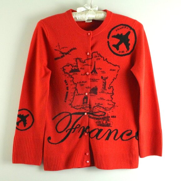 J. Crew VINTAGE Red Cardigan with France Map Design - Picture 1 of 5